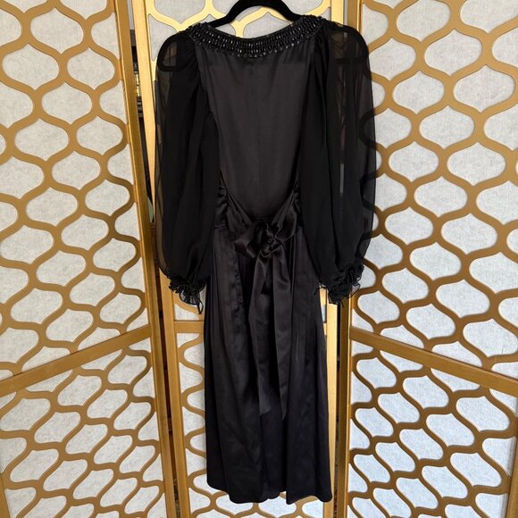 Lafayette 148 Size 4 Black Silk Sheer Sleeves Beaded Pleated Evening Gown - Picture 13 of 16